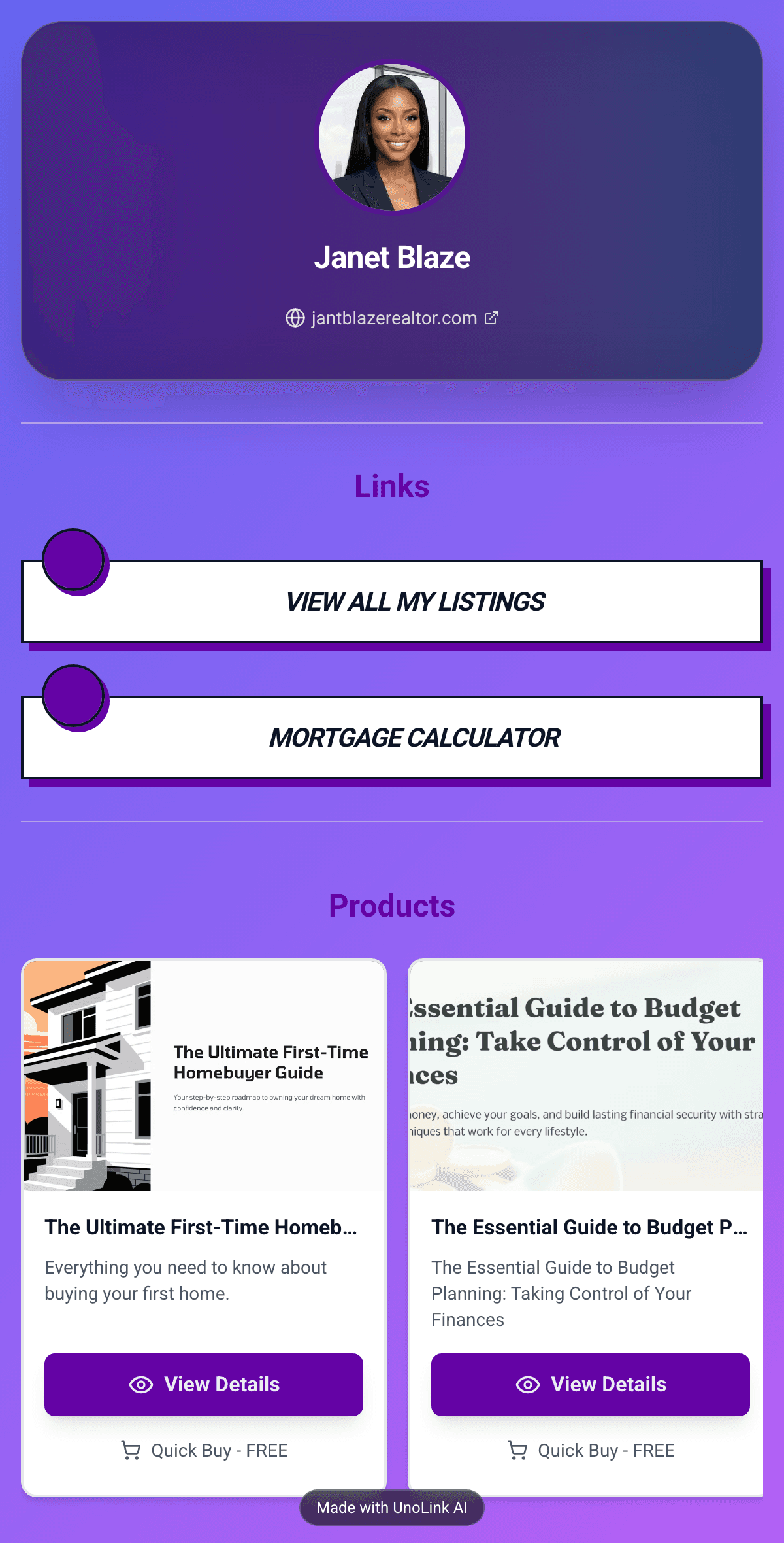 A live UnoLink bio page showing a creator's links and products